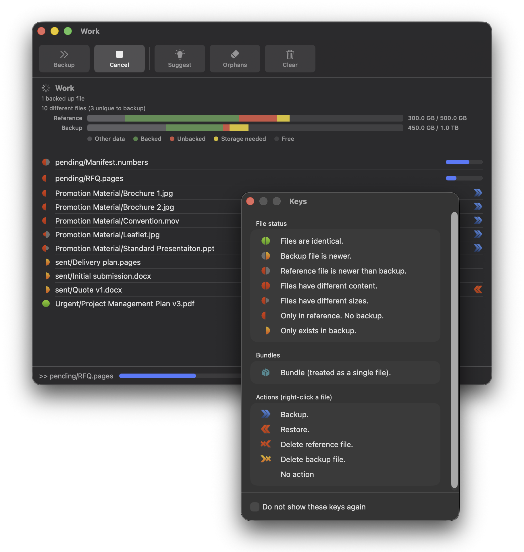 BackupCheck showing backup status for a folder of files